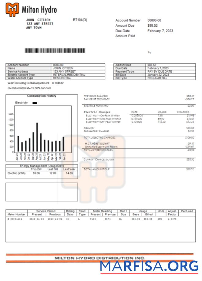 Realistic Canada Milton Hydro electricity bill Word and PDF template